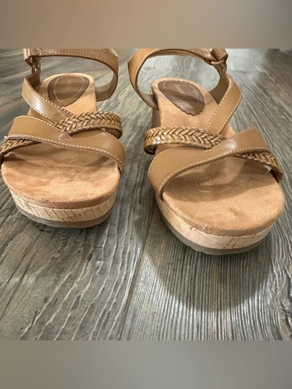Baretraps brown cork wedge sandals women’s 8 Nichole braided strappy heels